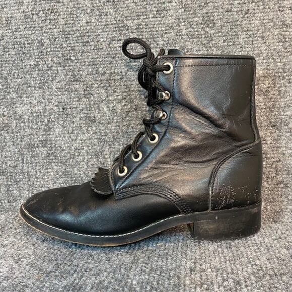 Vintage Justin Black Leather Kiltie Boots Kids 13.5 Lace Up Leather Granny USA - Picture 2 of 7
